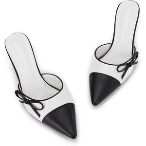 Mules Heels White Faux Leather Closed Pointed Toe Slip On Backless Shoes Pumps